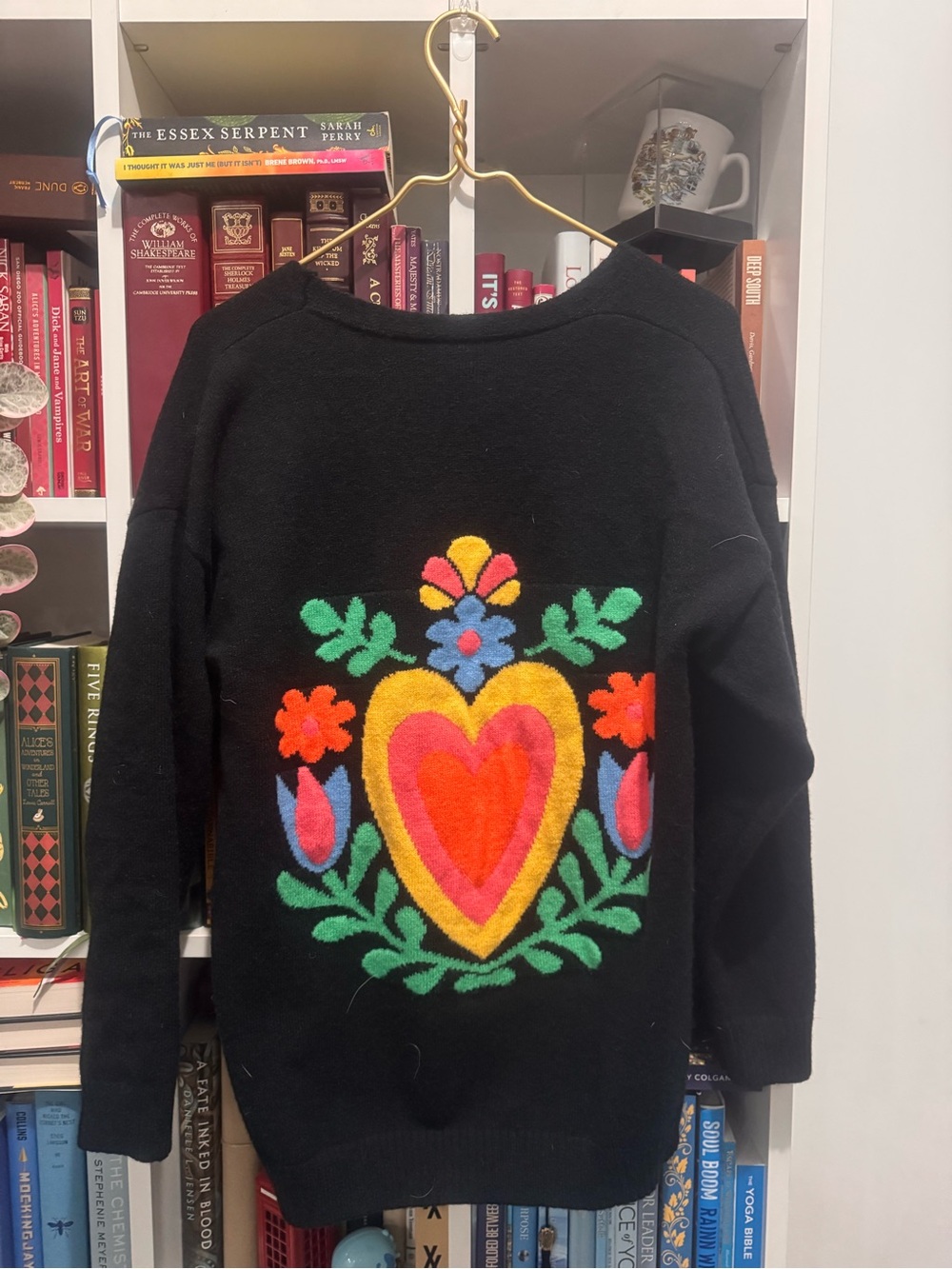 Black Women's Open Cardigan Sweater with Colorful Heart and Graphic Detail - Picture 2 of 2